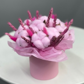 Композиция в шляпной коробке мини из хлопка, пшеницы и лагуруса в Электроуглях