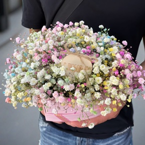 Композиция в коробке сердца из радужных гипсофил с топпером в Электроуглях