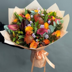 Букет "Даниэлла" из калл, роз, гиперикума, сафари, капса и лейко в Электроуглях