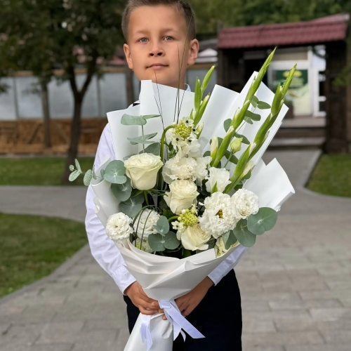 Букет на 1 сентября с гладиолусами, розами, эустомой и орнитогалумом в Электроуглях